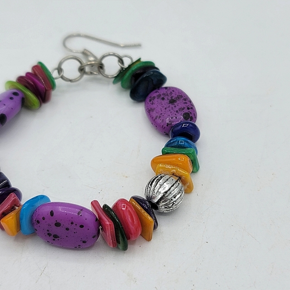 Beaded Multicolor French Hook Dangle Hoop Earrings Boho 90s Vintage - Picture 4 of 7